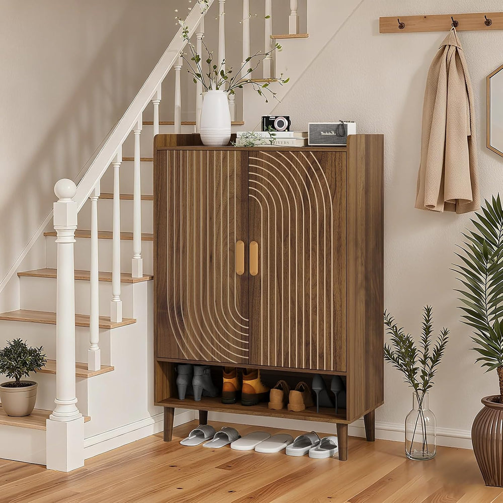 Smuxee Walnut Shoe Cabinet with Line Groove Design, 6-Tier Shoe Storage Cabin...