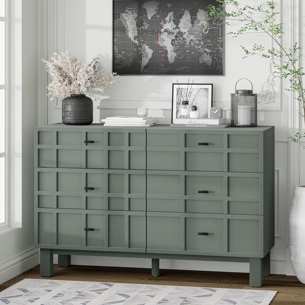 Aoikax Modern 6 Drawer Double Dresser with Grid Carved Pine Front, Minimalist...