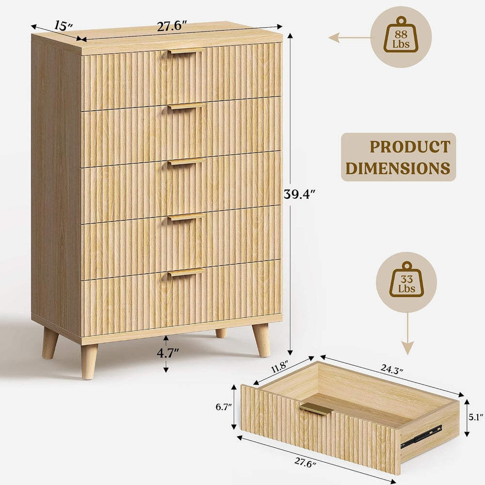 Wood Tall 5 Drawers Dresser, 27.6" W Fluted Modern Dressers for Bedroom