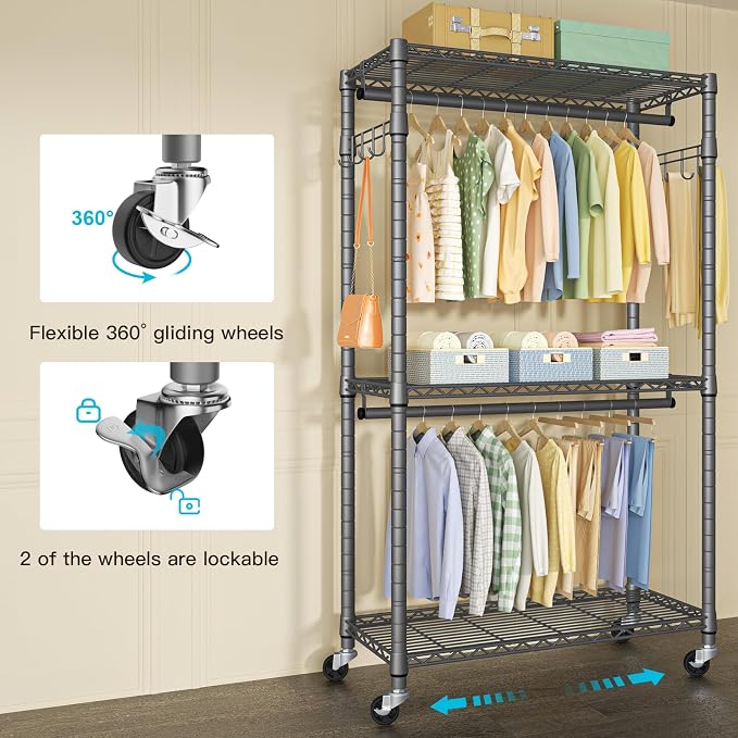FUTASSI P1 Heavy Duty Garment Rack, 3 Tiers Adjustable Rolling Metal Closet - Image 5