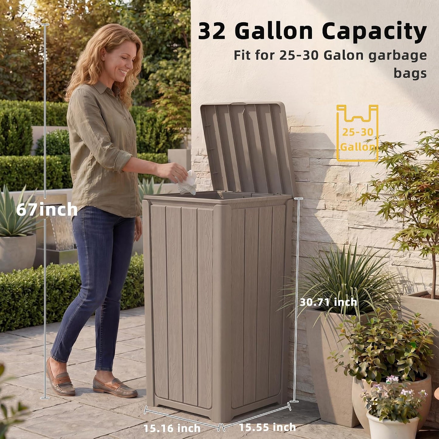 EFU 32 Gallon Outdoor Trash Can with Lid, Waterproof Garbage Can Bin | Resin Waster Container Bin For Patio, Garden, Garage, Backyard Commercial Use，UV & Weather Resistant, Scratch-Proof, Grey