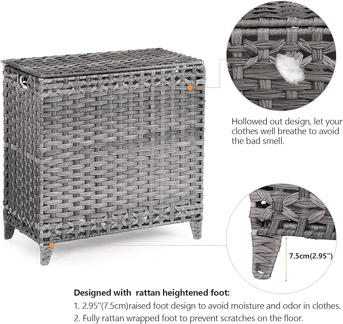 Laundry Hamper with 3 Removable Liner Bags; 132L Handwoven Rattan Laundry - Image 5