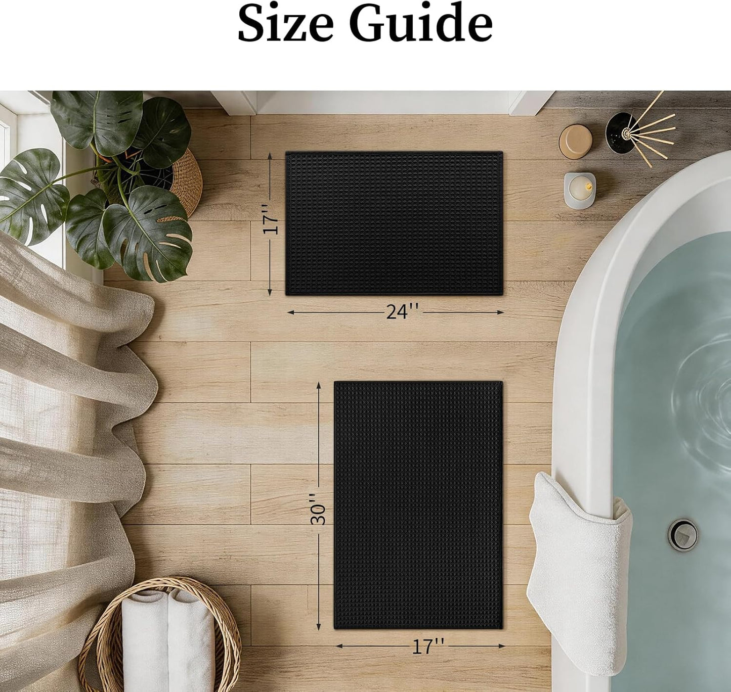 YIHOUSE Waffle Bath Mat Set, Ultra Soft & Absorbent Bathroom Rug Set, Non-Slip Rubber Backed, Quick Dry Shower Mat, Boho Farmhouse Bathroom Decor, Machine Washable, Black, 2 PCS