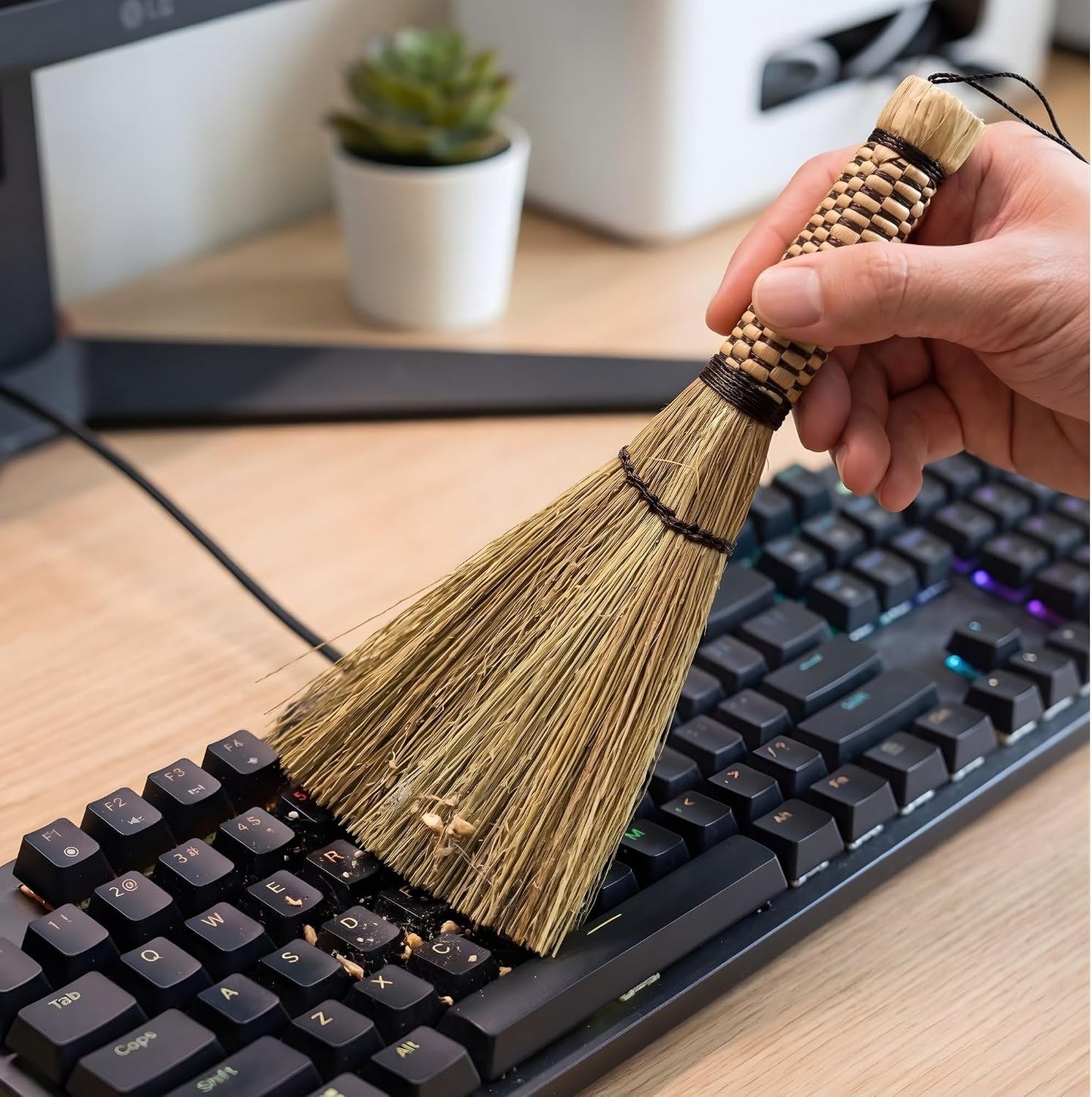 Cozy Leaf Handmade Mini Whisk Broom, Natural Grass Hand Sweeper for Desk, Keyboard, Coffee Bar, Plant & Crumb Cleaning, Woven Handle Palm-Sized Small Broom for Dollhouse & Altar Decor (9.5 Inches)