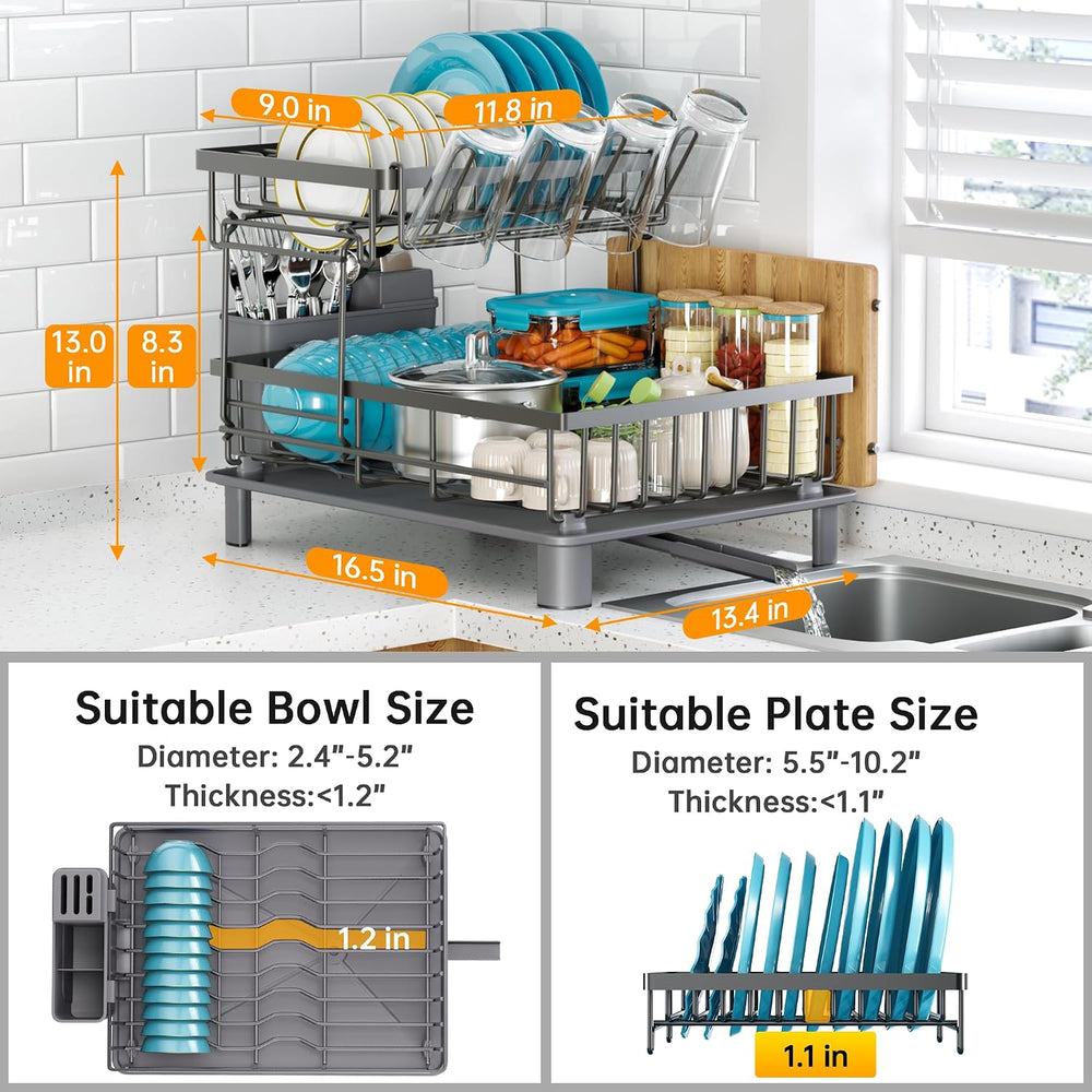 2 Tier Large Detachable Dish Drying Rack for Kitchen Counter, Gray