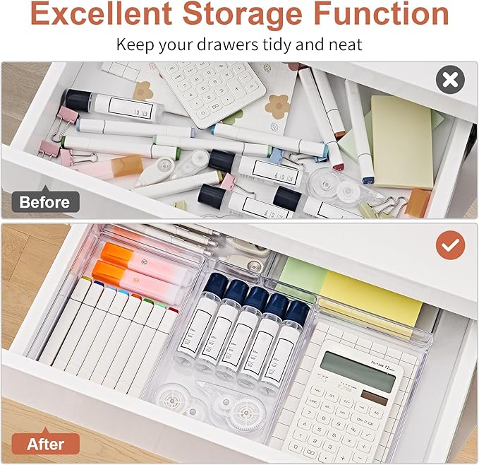SMARTAKE 6 PCS Clear Plastic Drawer Organizers Set, Large Size Non-Slip Desk - Image 4