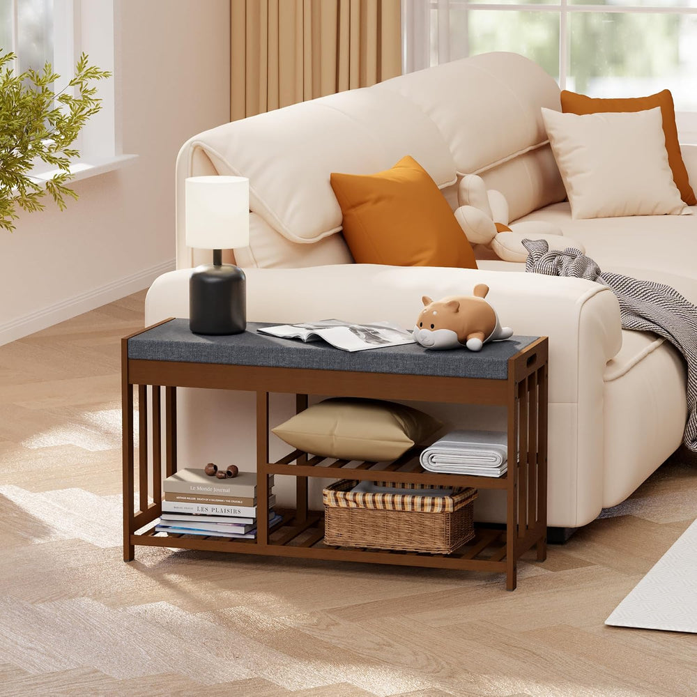 Shoe Rack Bench for Entryway, Bamboo Shoe Storage Bench with Cushion