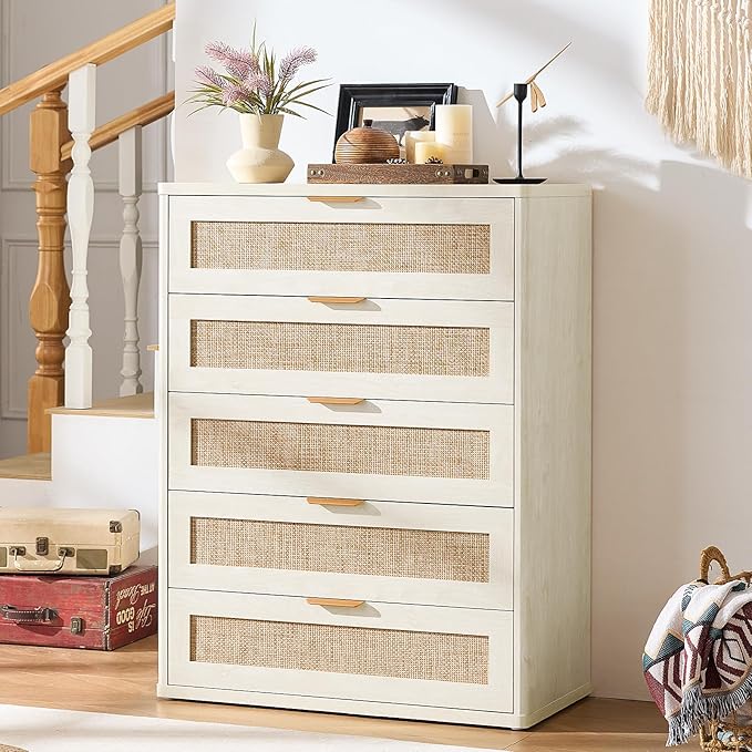 LEYAOYAO White Dresser for Bedroom, Modern 5 Drawers Boho Rattan Dressers - Image 7