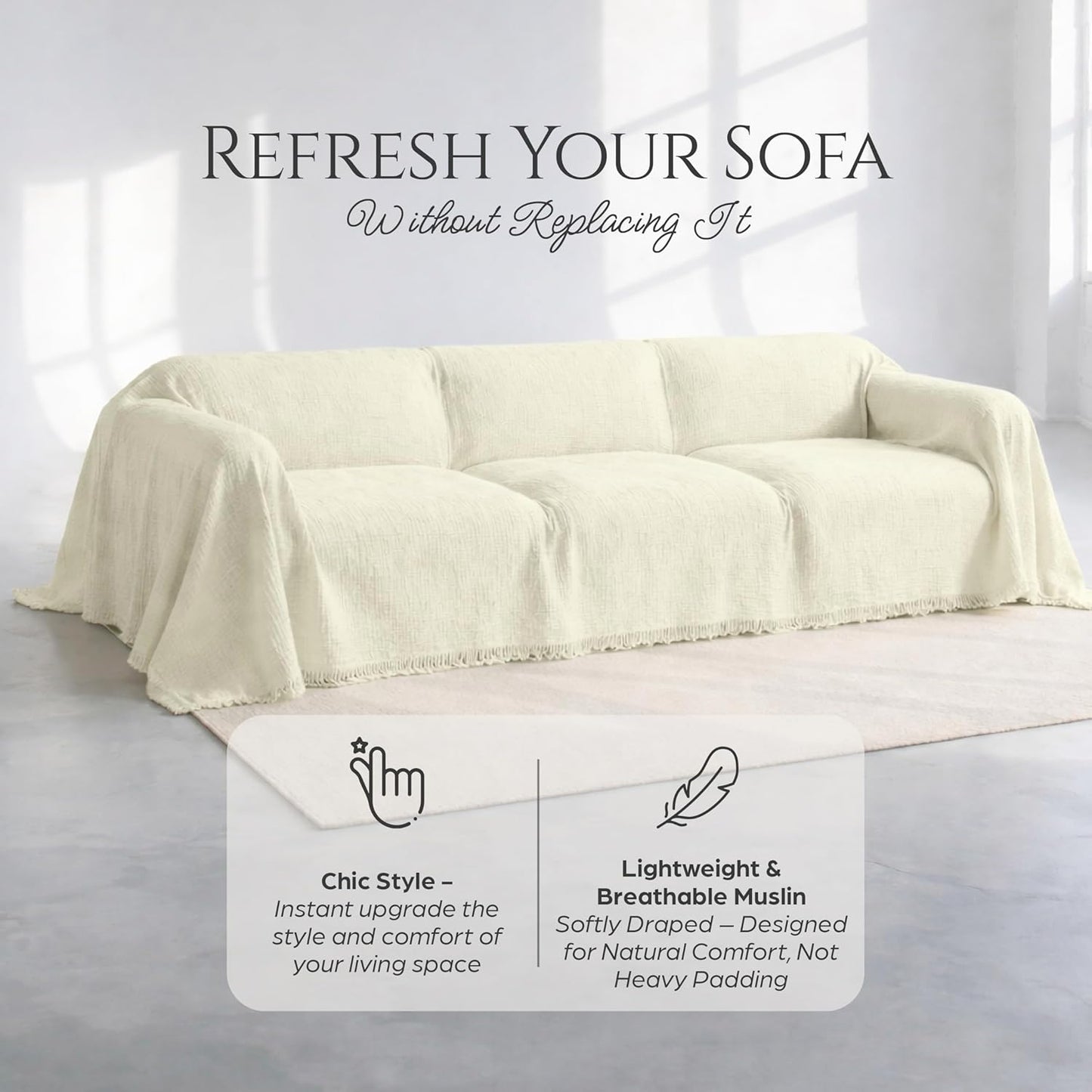 Washable Sofa Cover %100 Pure Cotton, Gauze Couch Covers for Sectional, 3 Seater, L Shape, U Shape Sofa, Large 4 Layered Natural Muslin Fabric, Cloud Like Couch Cover (Cream, 95x118" / 240x300 cm)