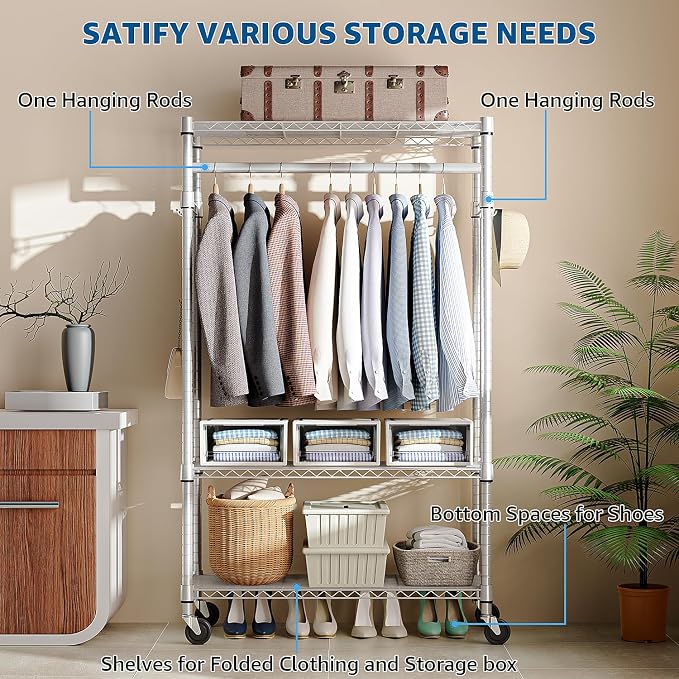 Heavy Duty Rolling Garment Rack 3 Tiers Adjustable Wire Shelving Clothes Rack - Image 4