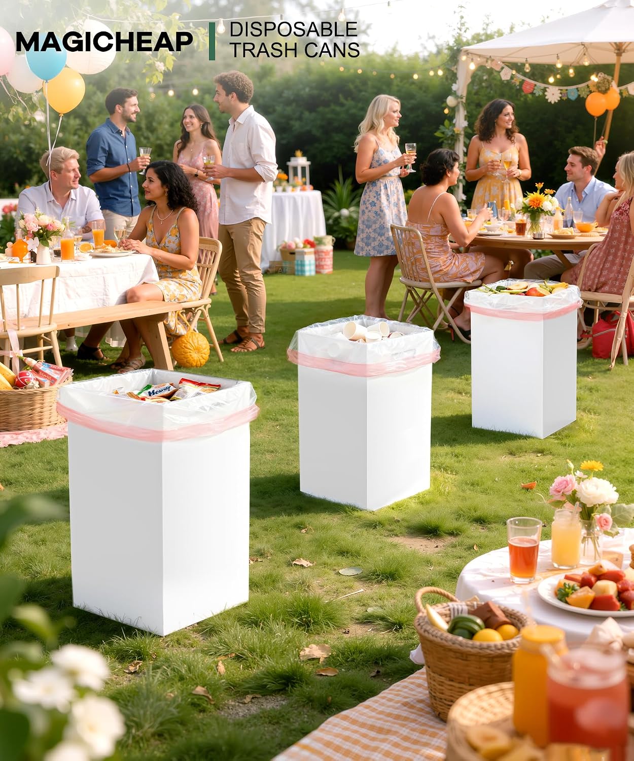 4 Pack 40 Gallon Corrugated Cardboard Disposable Trash Cans, White | 18" L x 18" W x 30" H, With Handle, Collapsible Garbage Cans, Thick Foldable Bins for Parties Events Camping Beach