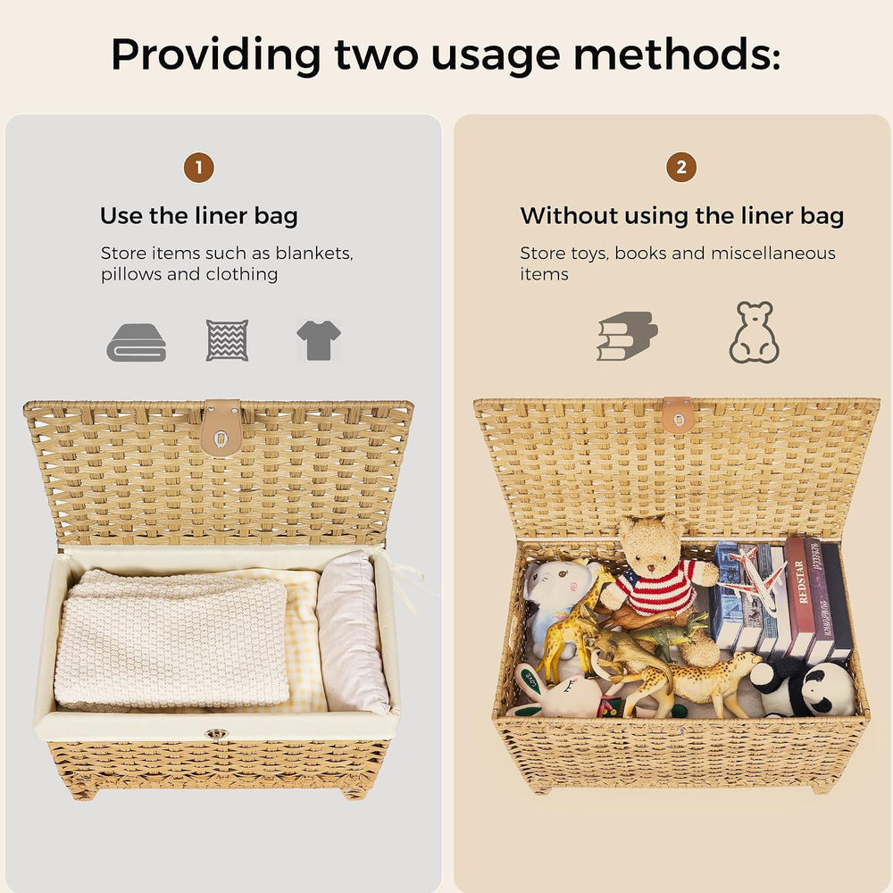 Wicker Storage Basket with Lid, 200L Storage Bin with Removable Liner Bag