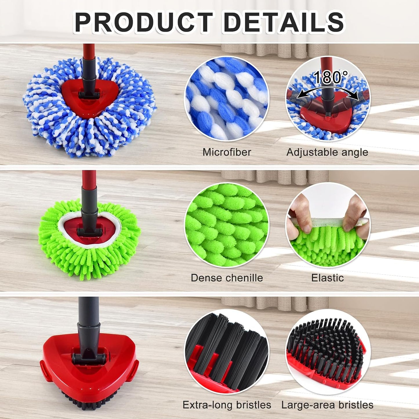 Mop Head Replacement for O Cedar, Spin Mop Replacement Head for Ocedar Easywring 2 Tank System, Mop Heads Includeds 3 Mop Replacement Heads, 2 Spin Scrub Brush, 1 Base & 1 Chenille Pad