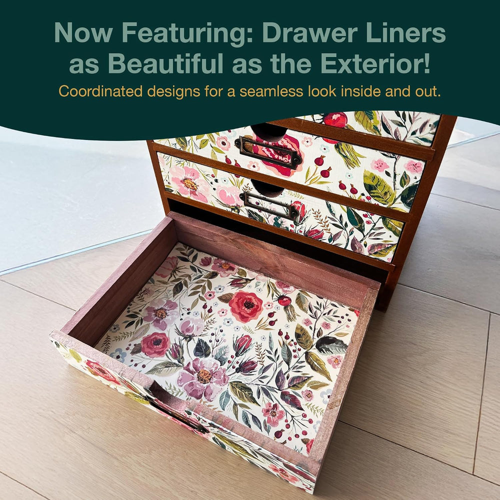 4-Drawer Vintage Desk Wood Storage Box With Drawers in Floral Chintz - Wooden...
