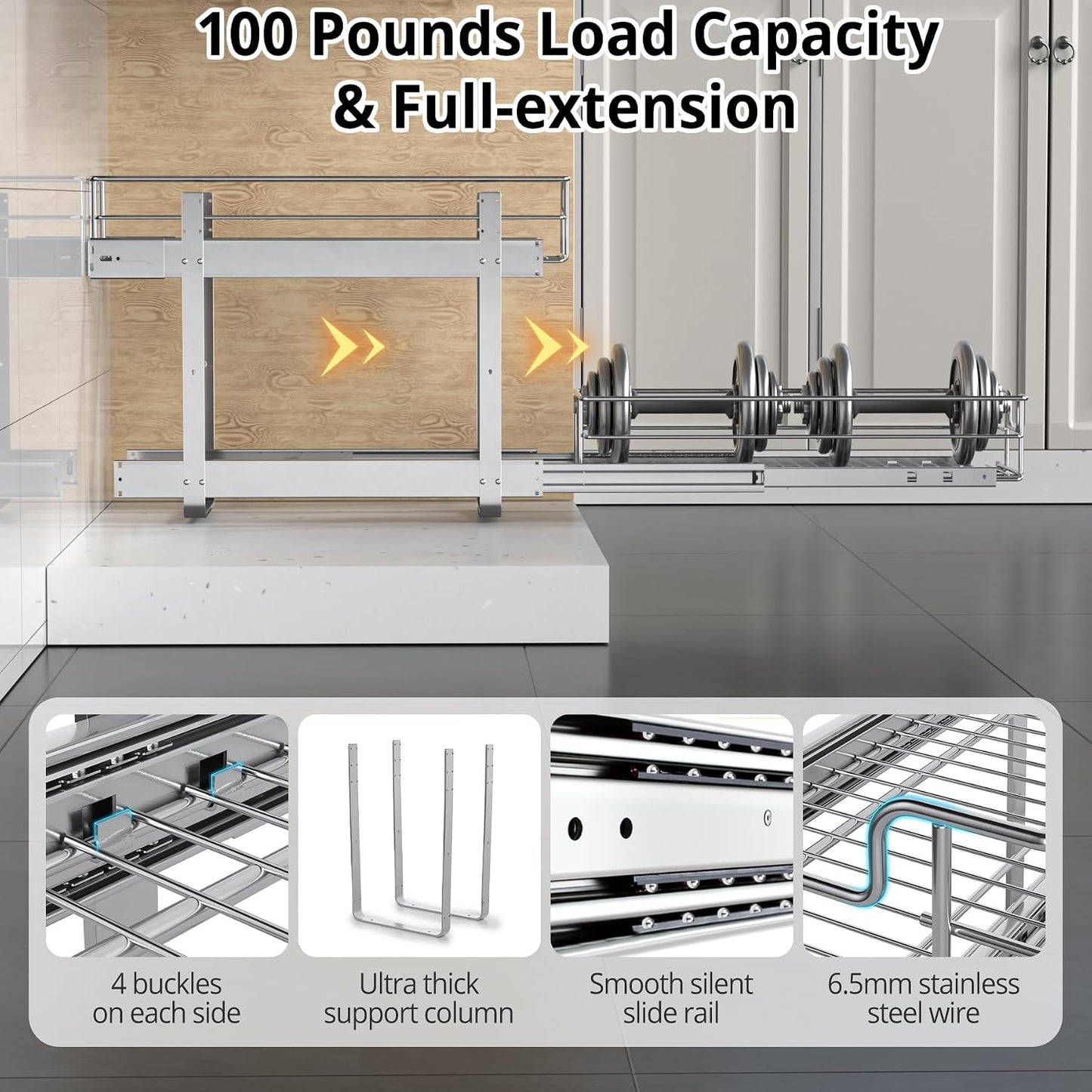 ZOINLIY Pull Out Cabinet Organizer,Slide Out Kitchen Organizers and Storage | Heavy Duty Drawer Cupboard Storage Basket, Smooth Sliding, Chrome Finish (2-Tiers-17¾''W×22“D)