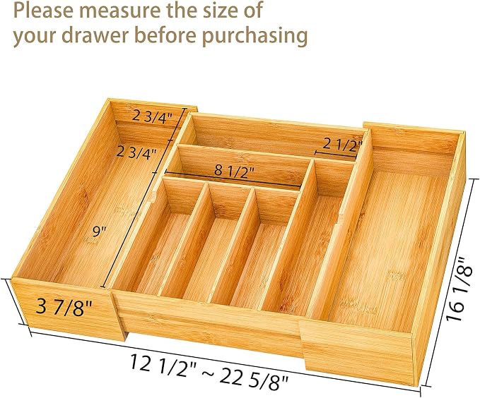 BAMEOS 3.9inch Tall Bamboo Drawer Organizer, Expandable Utensil Holder
