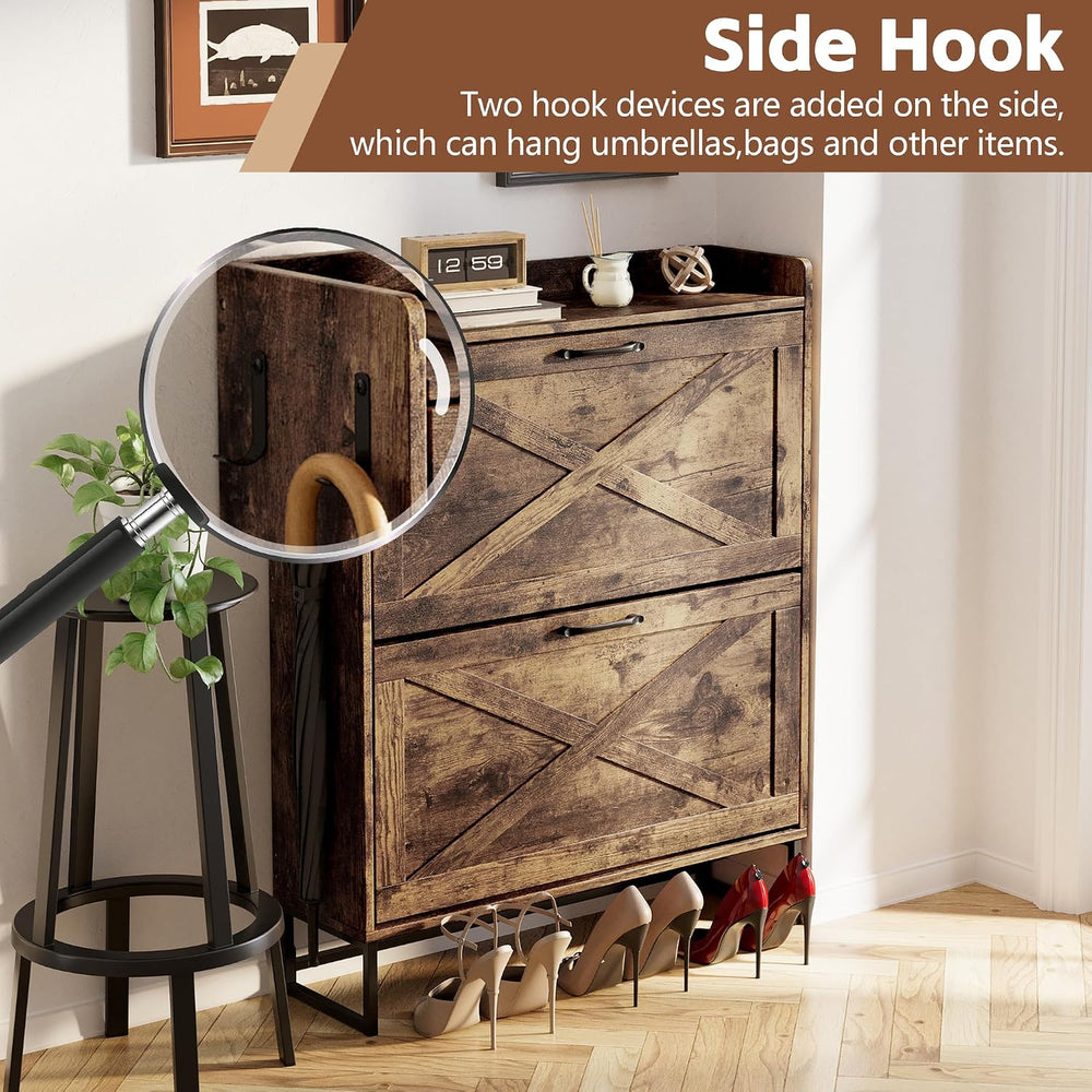 NUNU LAB Farmhouse Shoe Cabinet Storage for Entryway with 2 Flip Drawers &amp...