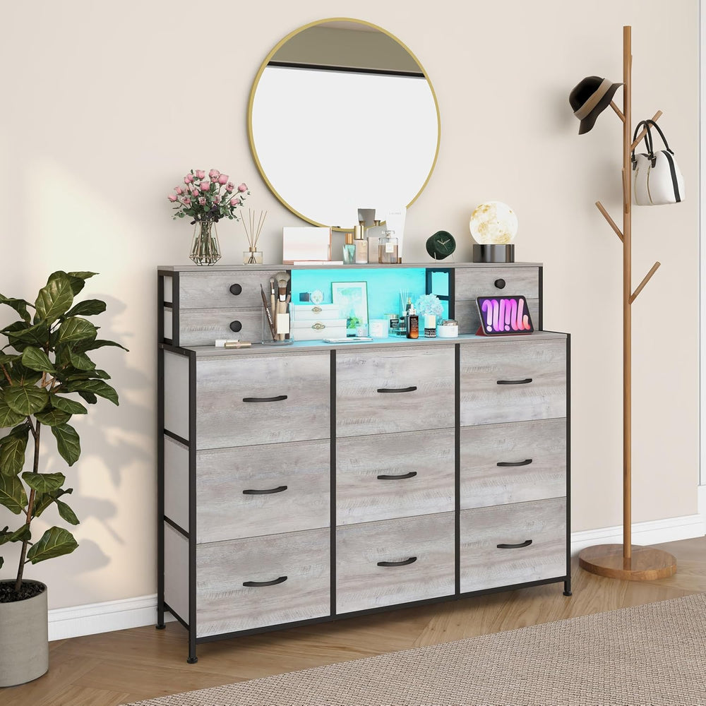 Grey Dresser with Power Outlets and LED Lights 13 Drawers Long Dresser for Be...