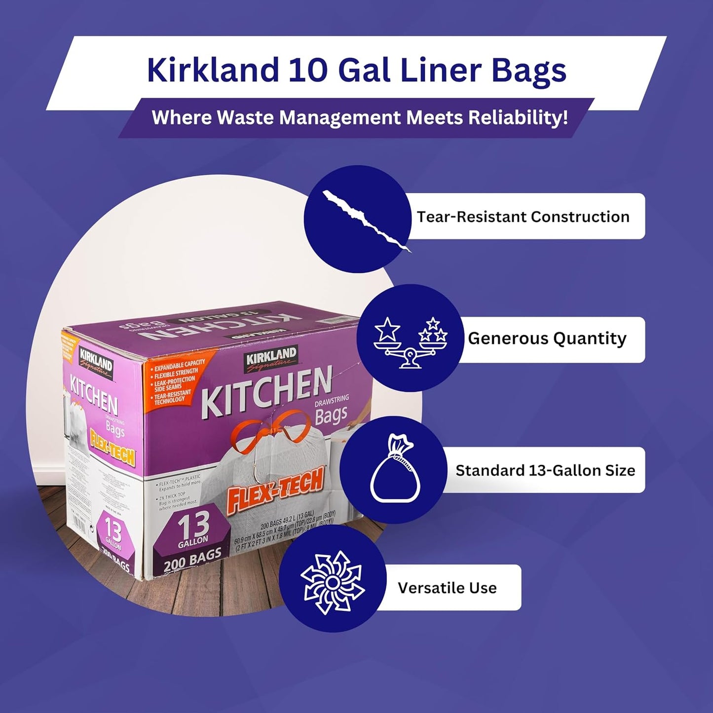 Worldwide Nutrition Bundle Compatible with Kirkland Signature Flex-Tech 13 Gallon Kitchen Garbage Bags with Drawstring Closure - 200 Count Pack of Tall Trash Bags for Kitchen with Keychain