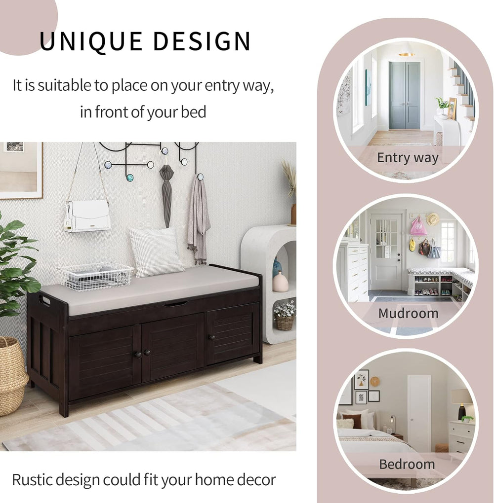 Shoe Storage Bench with 3 Shutter-Shaped Doors, Pine Wood Shoe Bench with Rem...