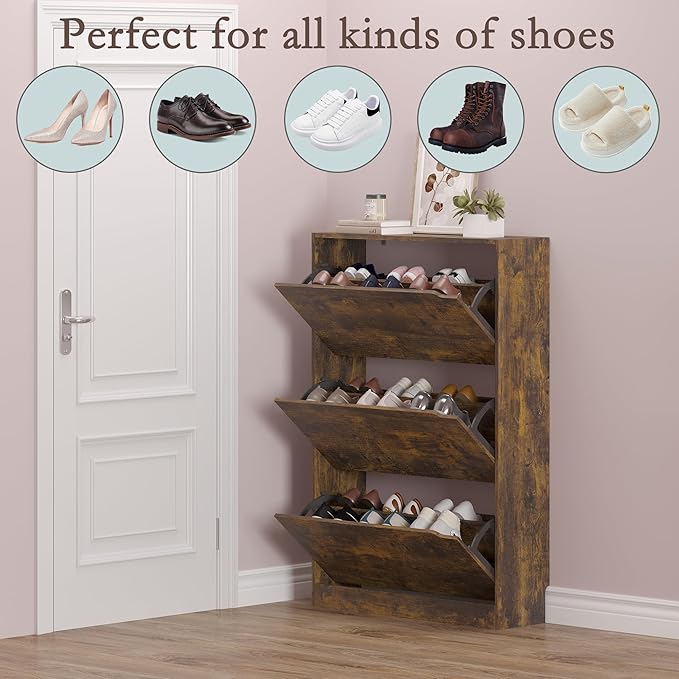 Shoe Cabinet with 3 Flip Drawers, Hidden Wood Shoe Cabinet, Freestanding Shoe - Image 4