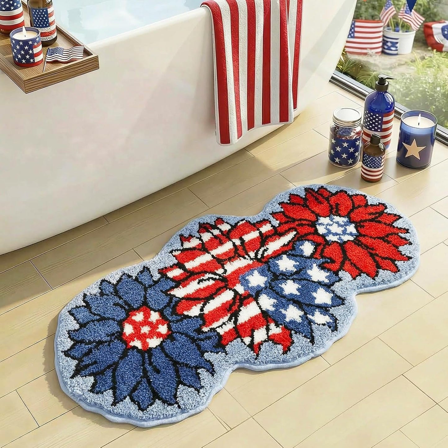 Mocsicka 4th of July Bathroom Rug, Non-Slip 250 Anniversary Patriotic Sunflower Bathroom Mat Machine Washable Tufted Independence Mat, Outdoor Soft Absorbent Rug (Red and Blue, 18x36 inch)