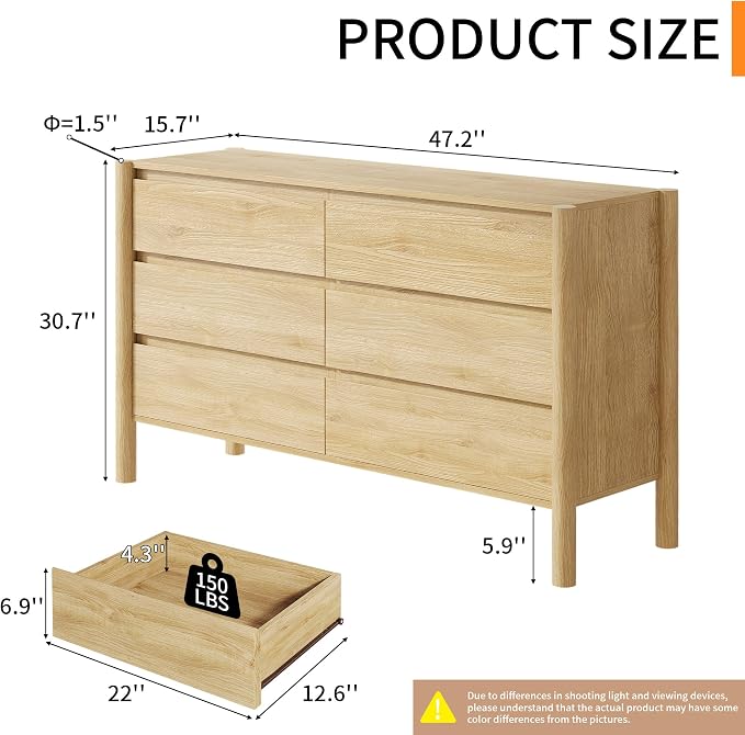 Dresser for Bedroom with 6 Drawers, Wooden TV Stand, Closet Clothes Organizer - Image 2