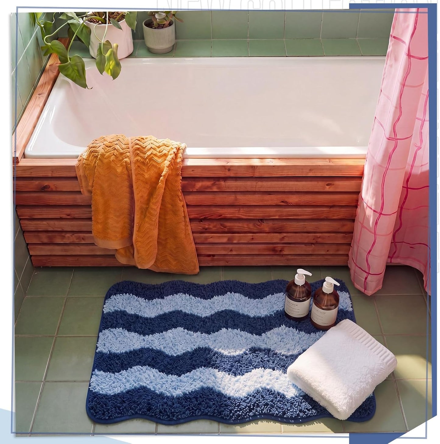 Nuanchu Cute Scalloped Bathroom Rug, Plush Tufted Absorbent Soft Wave Striped Bath Mat 24"x16", Non-Slip Washable Floor Carpet for Bathroom Bedroom Kitchen(Cobalt Blue & Sky Blue)