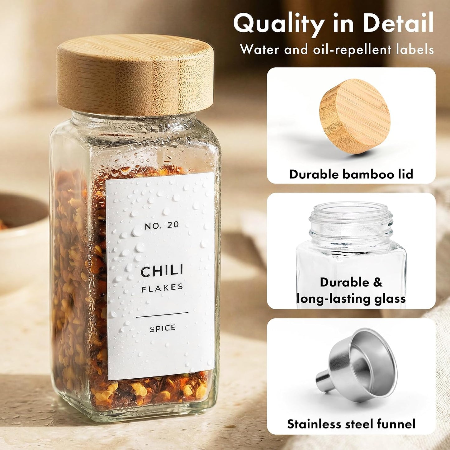 Glass Spice Jars with Label, 36x Bamboo Wooden Lids - White Labels | Airtight Lids keep spices fresh, Kitchen Spice Drawer Organizer, 4oz Seasoning Containers incl. Funnel, Brush & 240 Labels