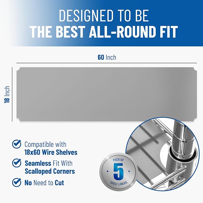 Shelf Liners for Wire Shelf System: Set of 5 in Graphite: 18 x 60 inch: Plastic - Image 2