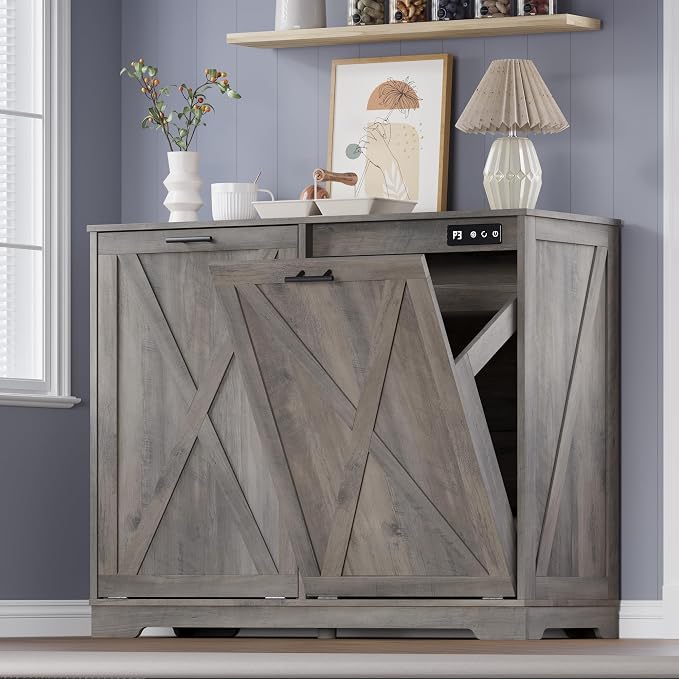 Tilt Out Trash Can Cabinet for 2 Bins, Hidden Recycle Garbage Bin Enclosure by BORNOON