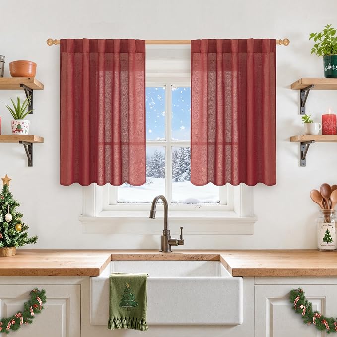 YoungsTex Red Short Linen Curtains 36 Inch Length by YoungsTex
