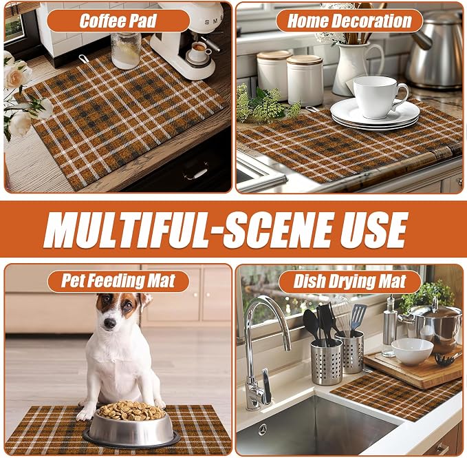 Brown Plaid Dish Drying Mat for Kitchen Counter Microfiber Absorbent Dish - Image 7