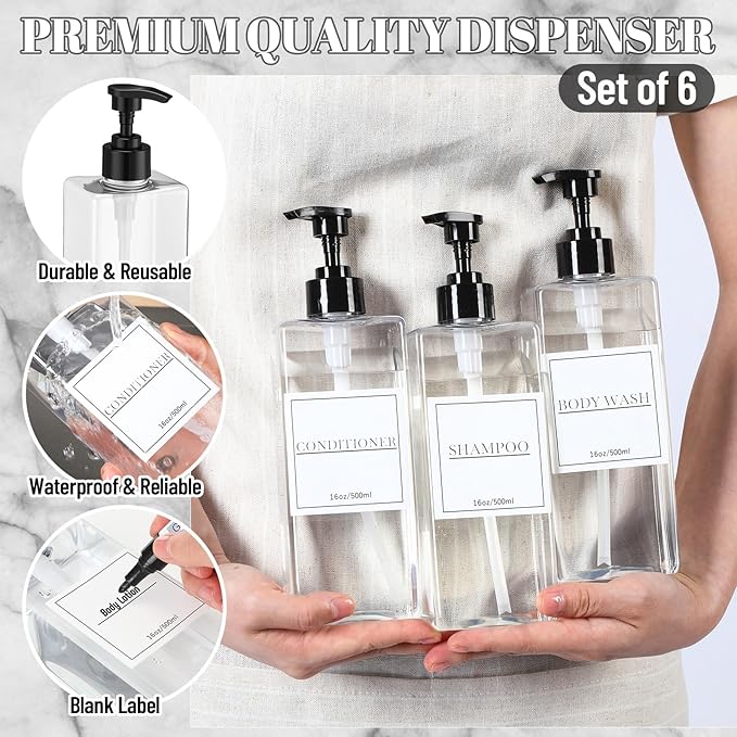 Tanlade 6 Pcs Shampoo and Conditioner Dispenser Bottles 16oz Modern Shower Soap - Image 3