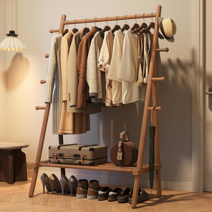Yoobure Solid Wood Clothes Rack - Heavy Duty Clothing Racks for Hanging Clothes with 8 Hooks, Portable Garment Rack for Dress Shirt Shoe, Freestanding Wardrobe Coat Racks with Shelf for Closet Bedroom