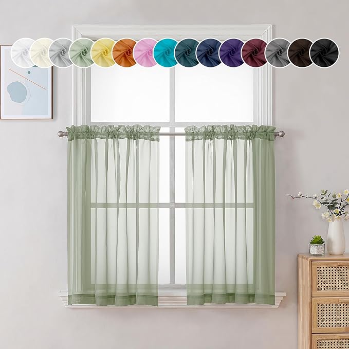 Chyhomenyc Sage Green Sheer Curtains 36 Inch Length, Short Voile Sheer Window by Chyhomenyc