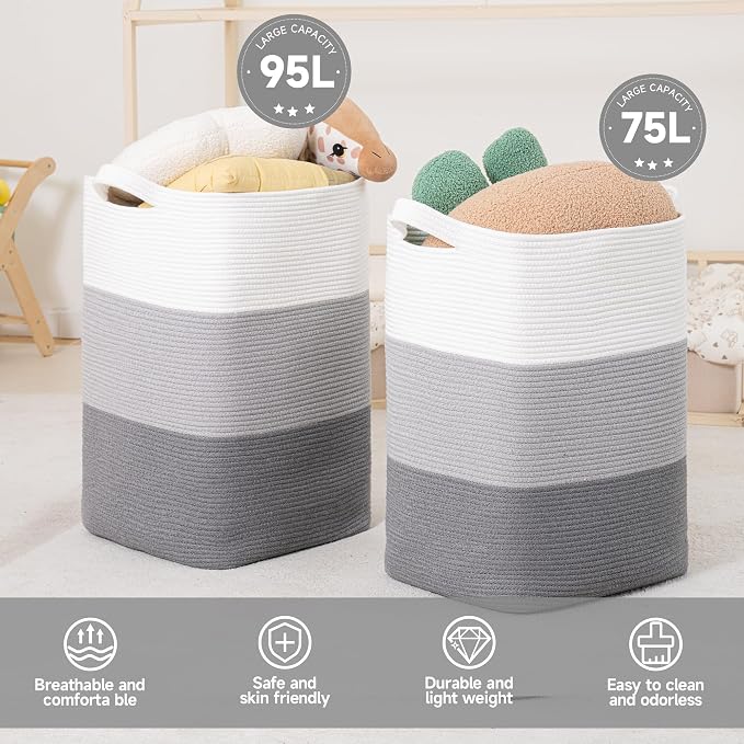 CLHMILY&Z 75L Laundry Basket Rectangular Grey Rope - Image 6