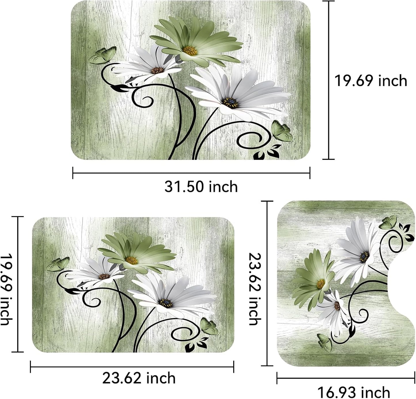 Onalasyc Bathroom Rug Sets 3 Piece,Green Daisy Rustic Farmhouse Flowers Butterfly Bath Rug Non Slip Quick Dry Diatomaceous Earth Bath Mat Wood Vintage Decor Washable Suitable for Bathroom,Tub,Shower