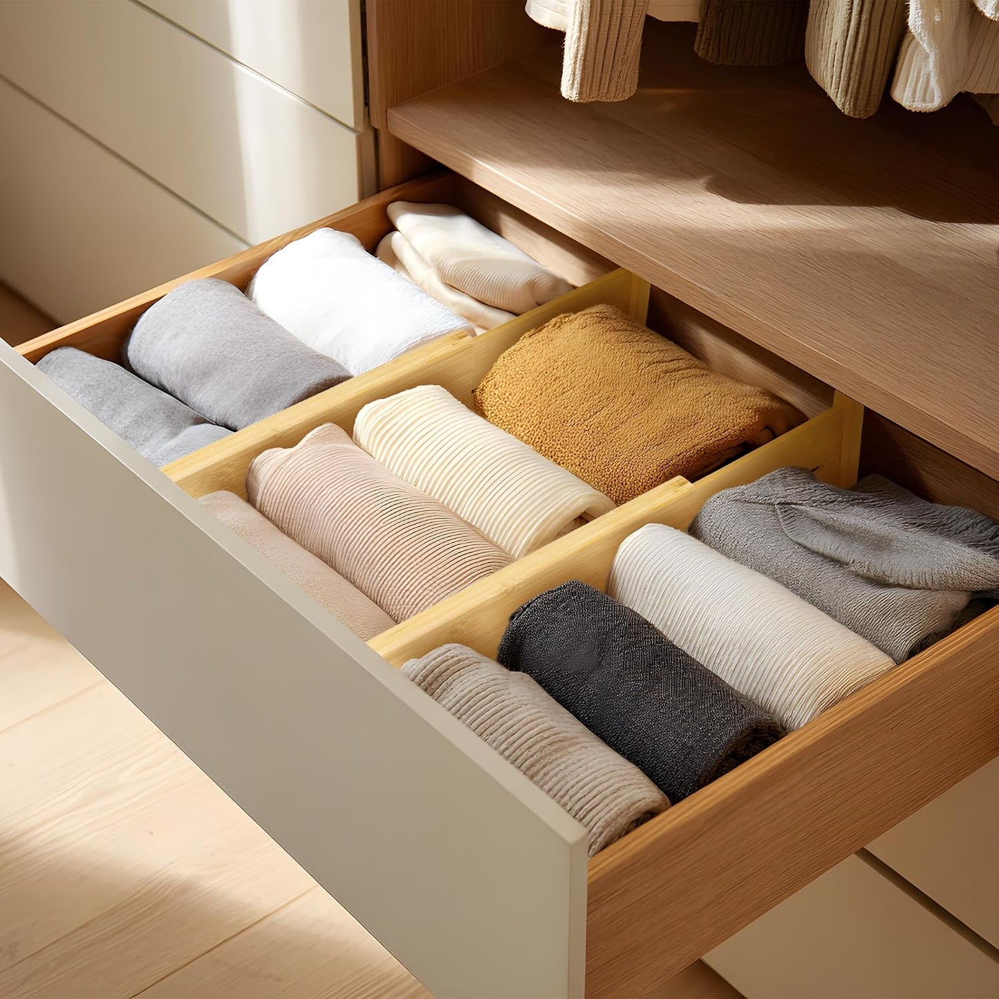 VaeFae 6 Pack Bamboo Drawer Dividers, 4" High Adjustable 11.9-17.1" Clothes Drawer Organizers, Expandable Separators for Bedroom/Bathroom/Kitchen/Office Storage