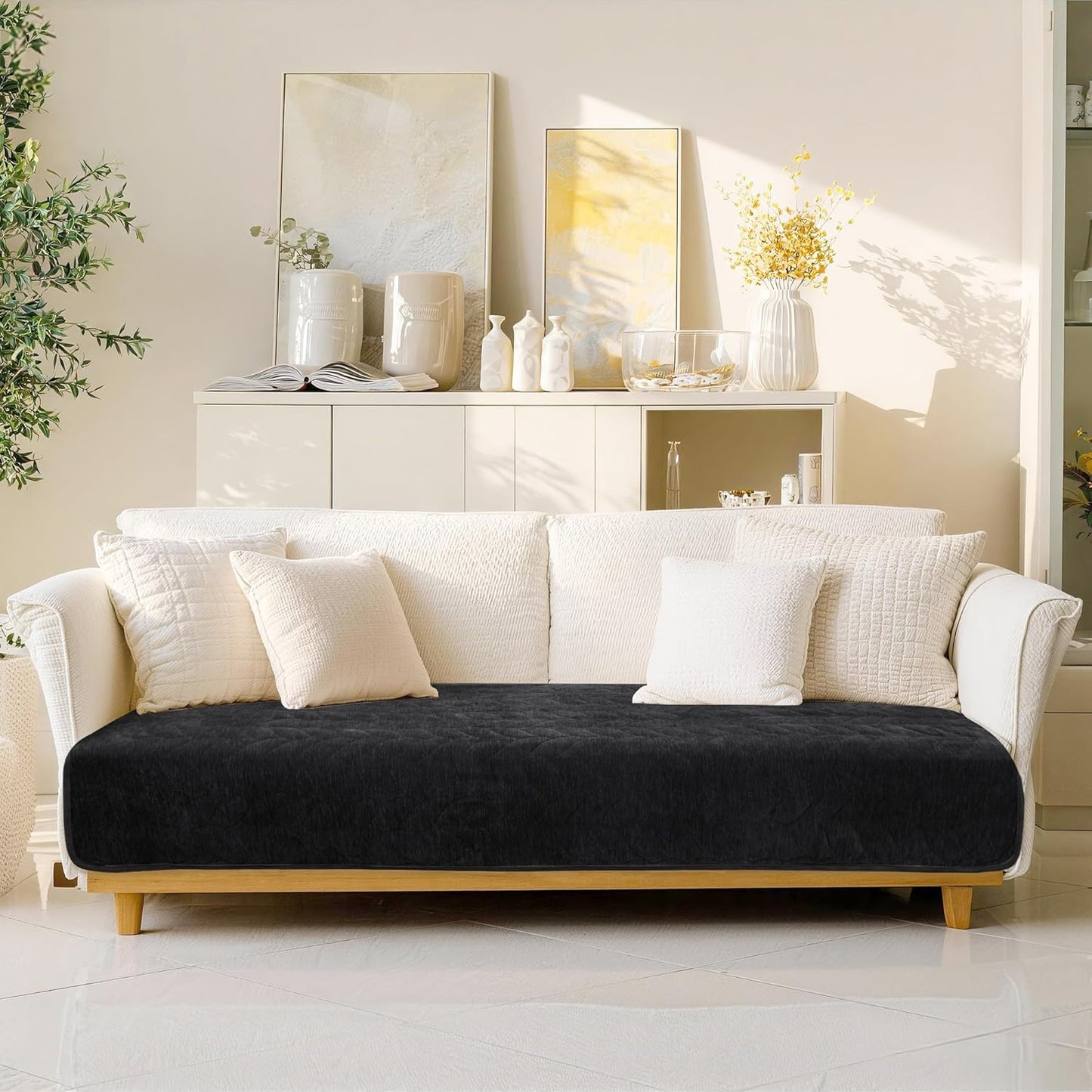 JIUZHEN Couch Cover for Dogs Chenille Quilted Couch Covers for Pets Washable Sofa Protector for 3 Cushion Cover Non Slip Sofa Slipcover with Straps(34" x 74", Black)