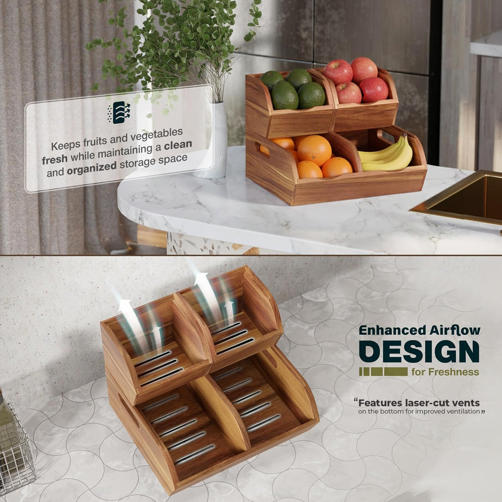 Acacia Wood Pantry Storage Bins - Stackable Open Front Kitchen Baskets