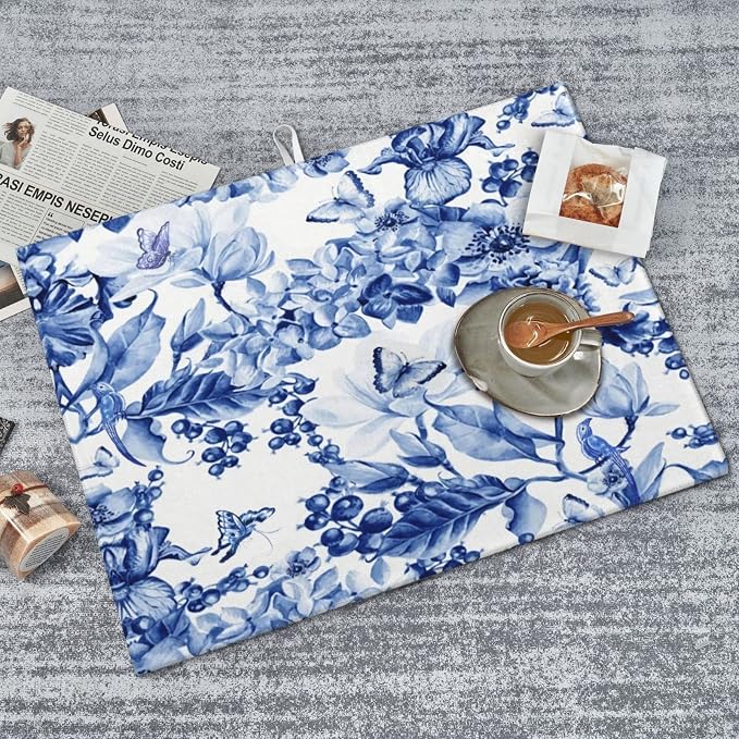 Chinoiserie Blue And White Floral Butterfly Dish Drying Mats - Image 8