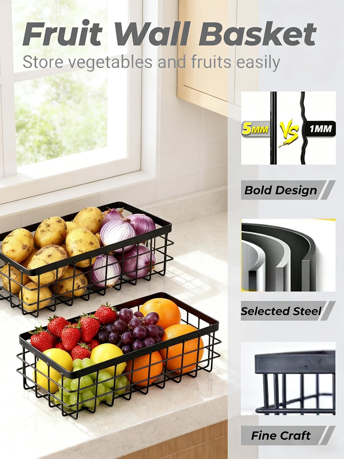 2PCS Adhesive Metal Wire Wall Storage Organizer Hanging Baskets Black M+L | Drill-free mount. Suitable for kitchen, bathroom, pantry, cabinet; serves as spice rack, shower caddy and storage organizer