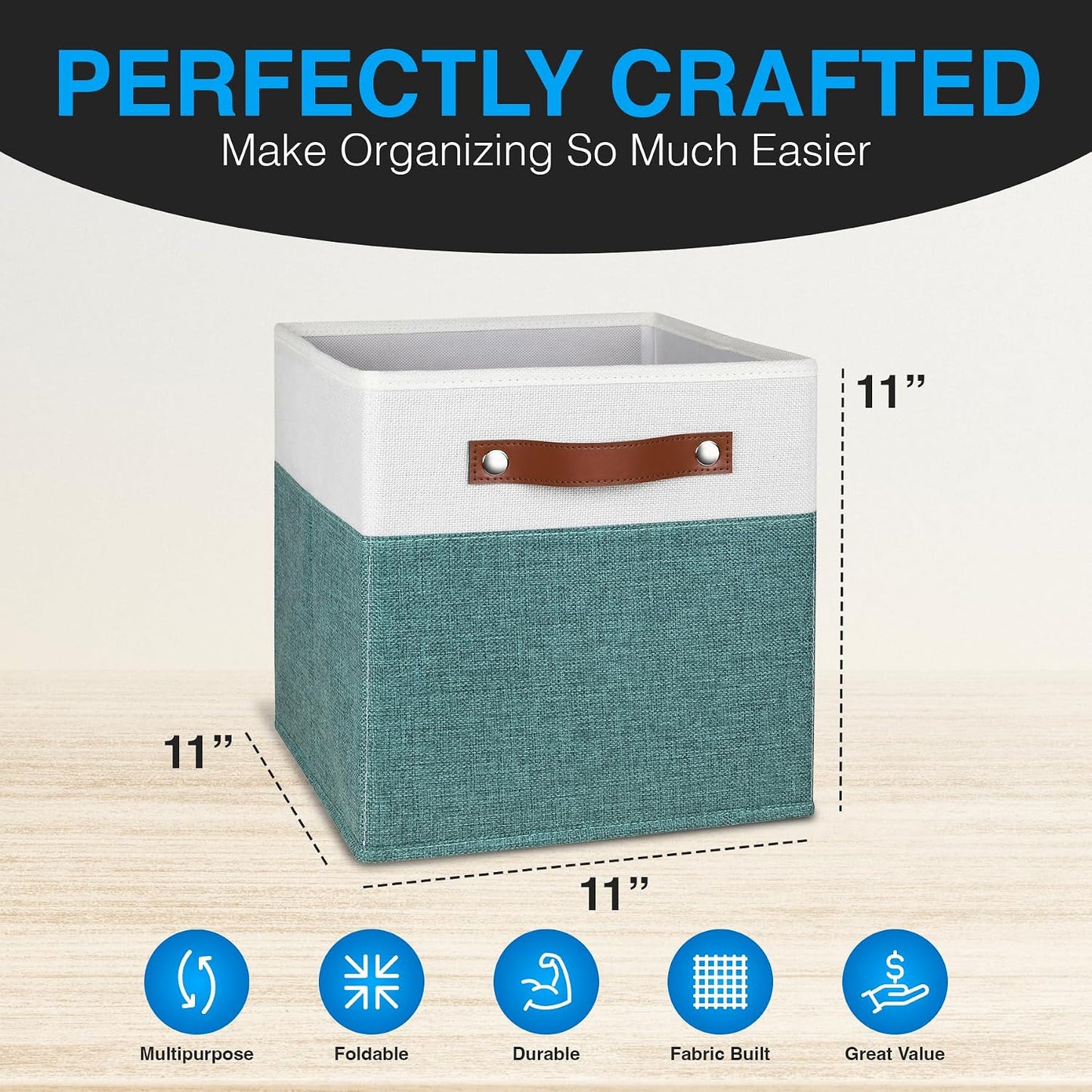 11 Inch Cube Storage Bin - 4 Pack - Linen Fabric 11x11 Cube Storage Bins for Bedroom, Living Room, Clothes and Toys; Foldable, Dual Leather Handles
