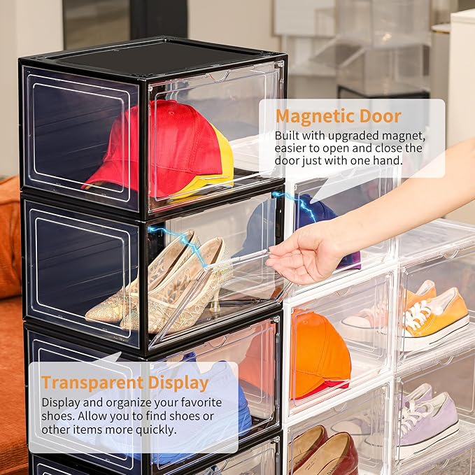 12 Pack Black Shoe Boxes Stackable, Large Shoe Storage Organizer - Image 7