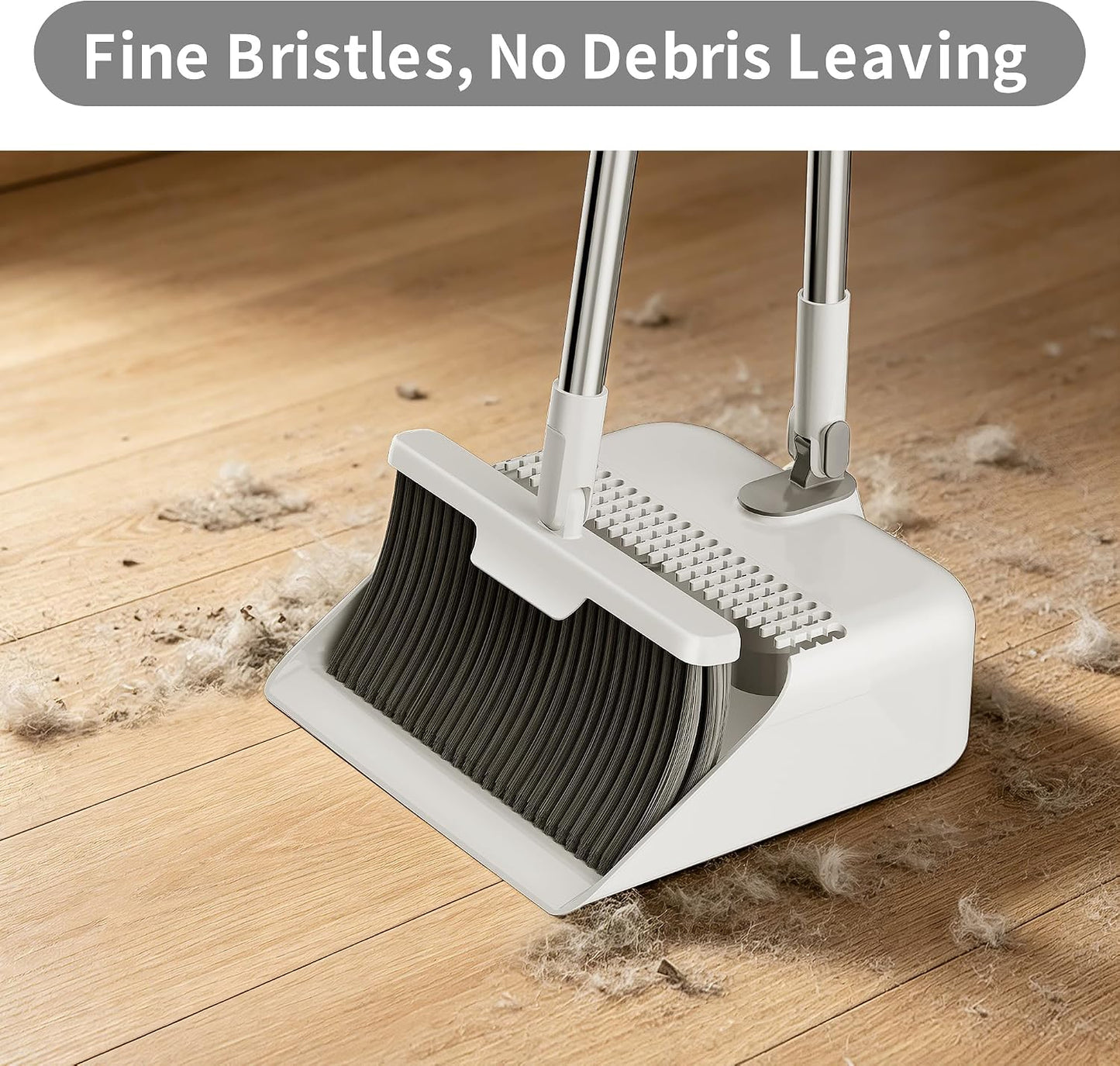 3 Pieces 52'' Broom with Dustpan Combo Set and Silicone Air Broom Kit, Long Handle Broom and Dustpan Sets with Teeth, Upright Storage Household Broom and Dustpan Sets Light Gery