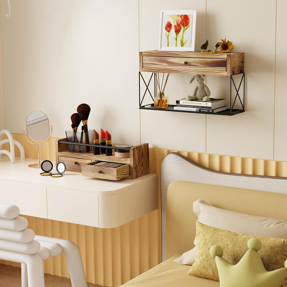 Floating Shelves with Drawer Set of 2, Wall Baskets, Bathroom Shelf with Prot...