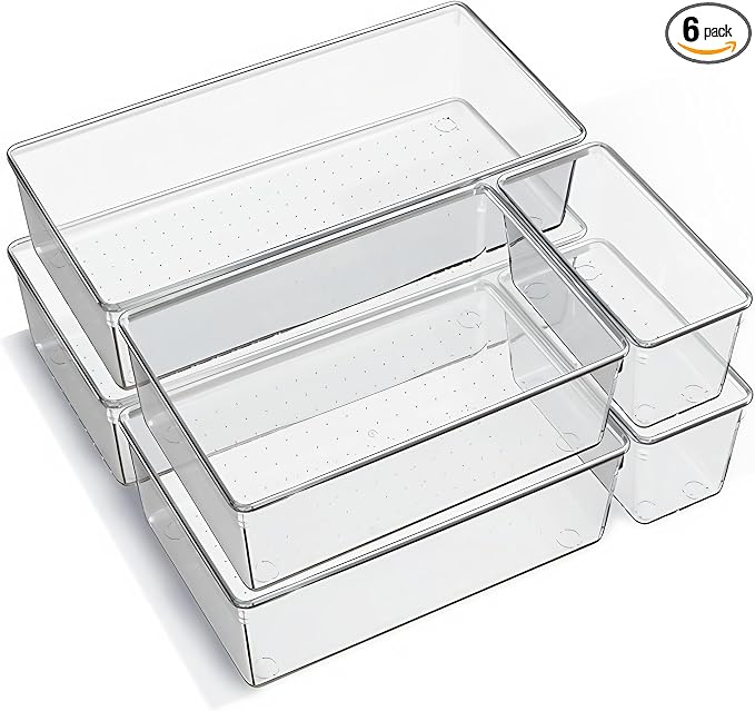 6 Pack Large Clear Plastic Drawer Organizer Trays – Non-Slip Storage Bins by Unknown
