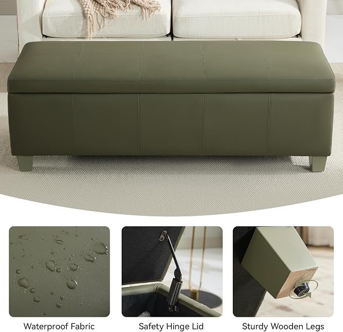 51" Faux Leather Storage Ottoman, Stitch Tufted Rectangle Upholstered End of - Image 4