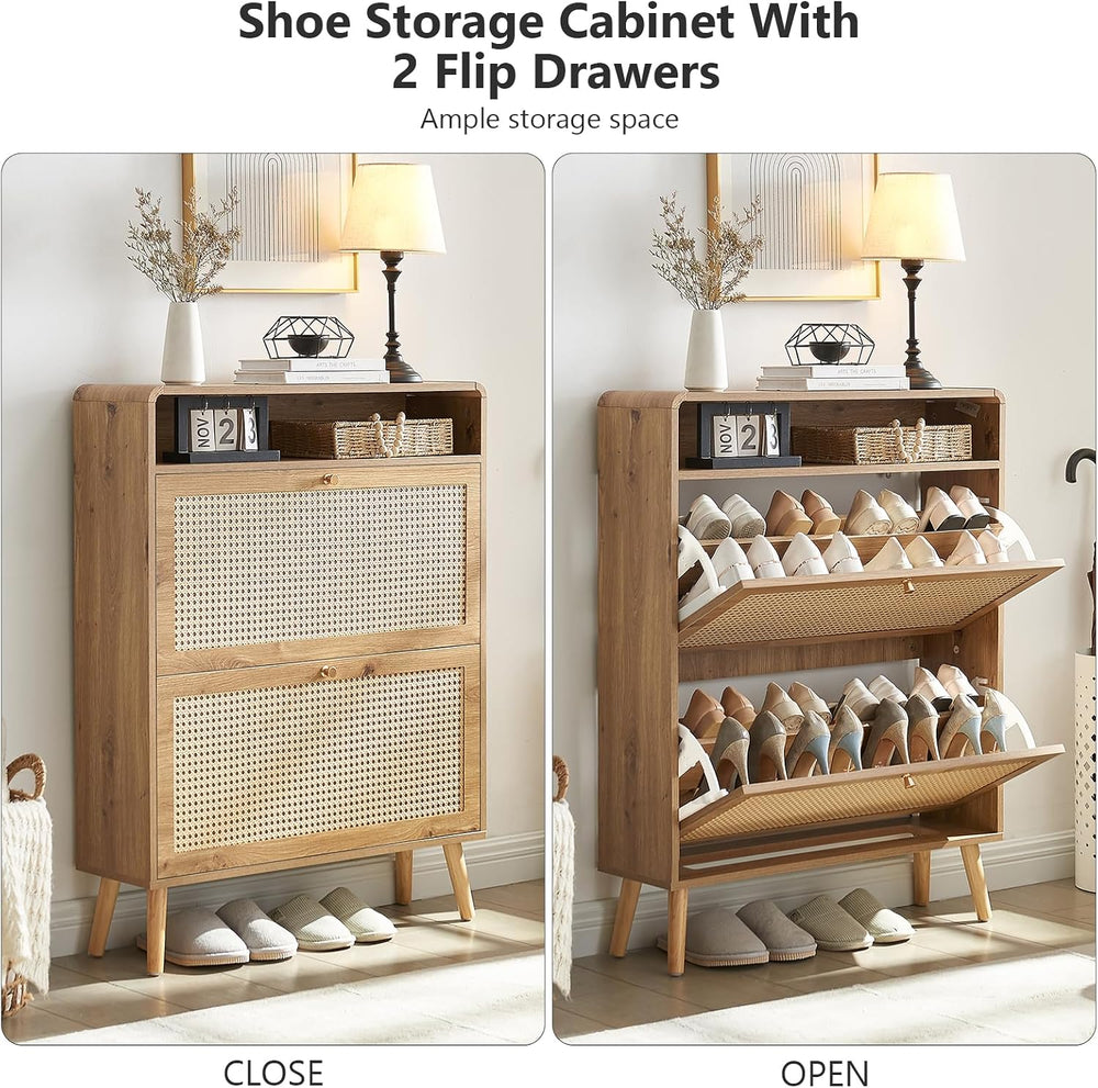 Shoe Storage Cabinet with 2 Flip Drawer Natural Rattan Shoe Cabinet Organizer...